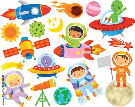 Cute colorful outer space clipart set with male and female astronauts ...