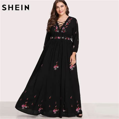 SHEIN Black Dresses Large Sizes Sexy Lace Up Front Flower Embroidered Maxi Dress Plus Size ...