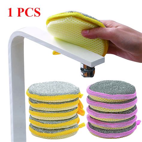 Double Side Round Dishwashing Sponge, Multi-Purpose Kitchen Scrubber Rag Dish Pad Cleaner Home ...