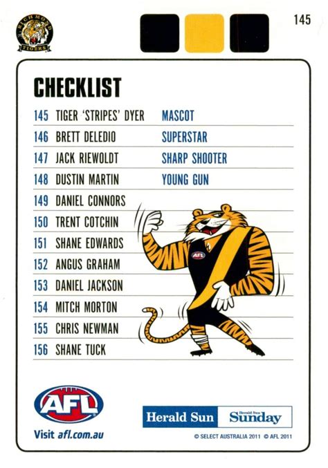 2011 RICHMOND TIGERS AFL Card TIGER 'STRIPES' DYER Club Mascot Herald ...