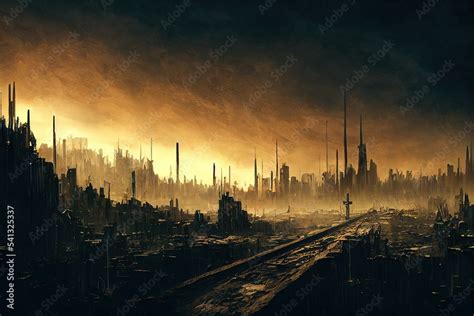 Panorama of dystopian sci-fi city / Digital artwork of futuristic post-apocalyptic sci-fi city ...