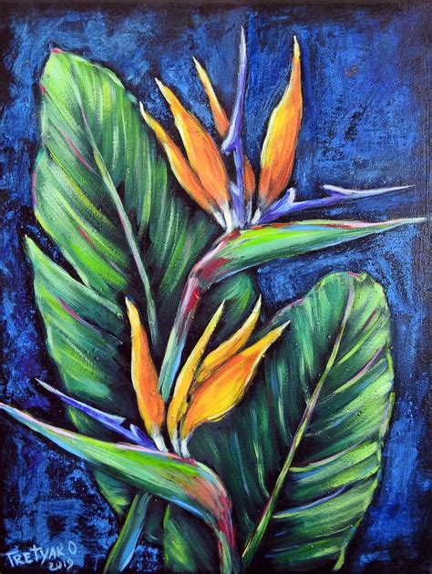 STRELITZIA BIRD OF PARADISE TROPICAL FLOWER Acrylic Painting by Olga ...