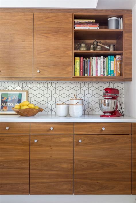 Image result for mid century wood cabinets hexagon backsplash | Modern kitchen renovation ...