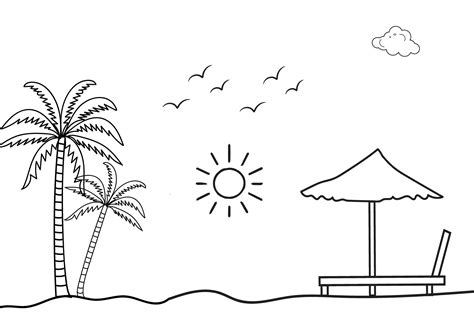 Summer sunset tropical beach line art vector illustration,hand drawn sunlight and sunrise ...