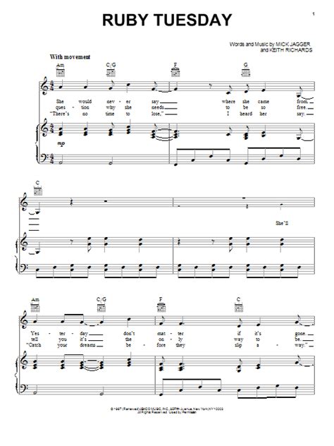 Ruby Tuesday by The Rolling Stones Sheet Music for Piano, Vocal & Guitar Chords (Right-Hand ...