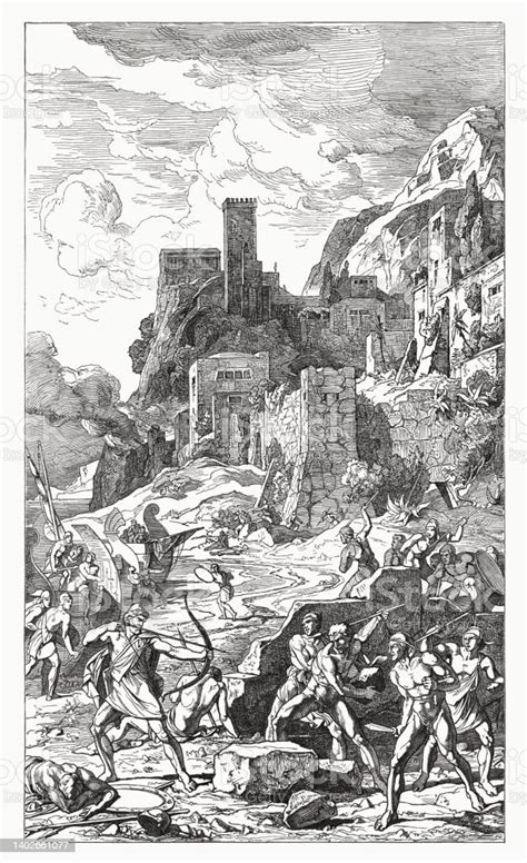 Ulysses Fight Against The Cicones Wood Engraving Published In 1881 Stock Illustration - Download ...