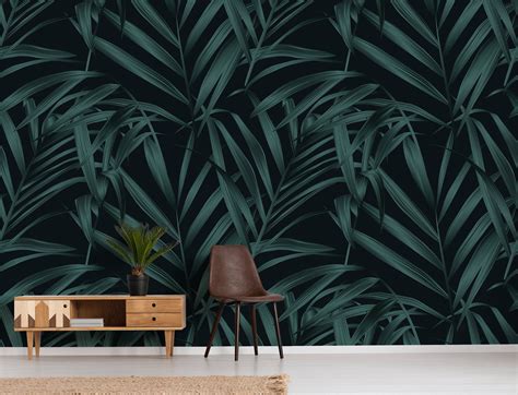 Dark Palm Leaves Wallpaper, Peel and Stick Wall Mural With Tropical Pattern, Temporary Removable ...