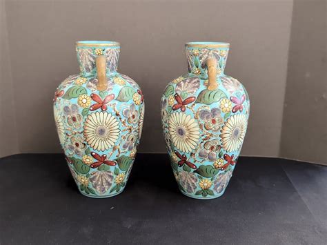 A Pair Of Antique Blue Opaline Glass Vases Hand Painted Enamel Floral ...