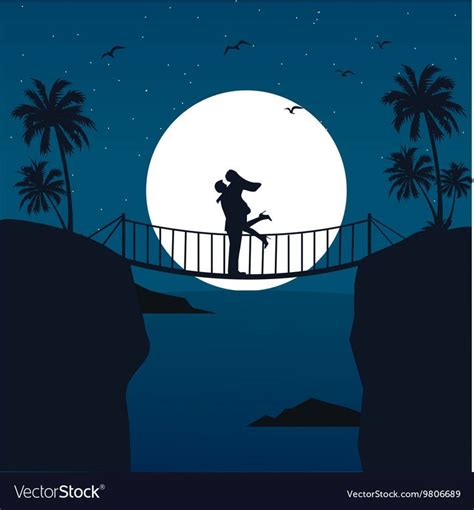 man woman couple hug silhouette with moon in the background at bridge ...