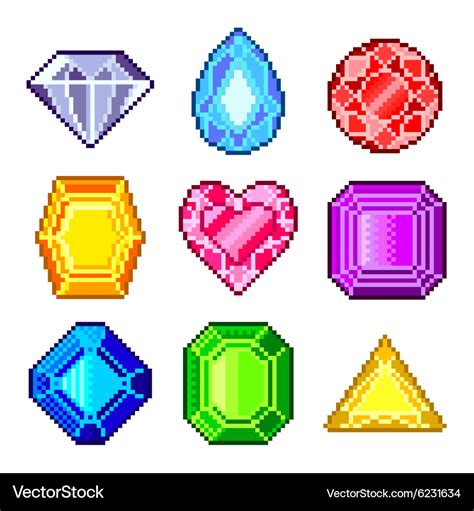 Pixel gems for games icons set Royalty Free Vector Image