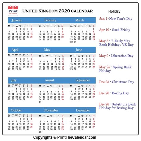 2020 Holiday Calendar Uk | Uk 2020 Holidays