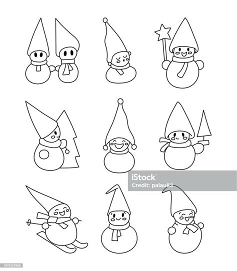 Cute Christmas Snowman Coloring Page Cheerful Character In Different ...