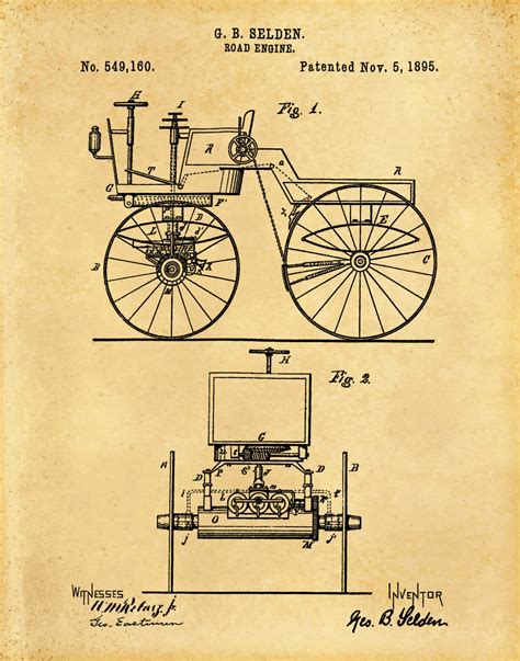 1895 Automobile Patent Print - 1st US Automobile Patent Invented by George Selden ...