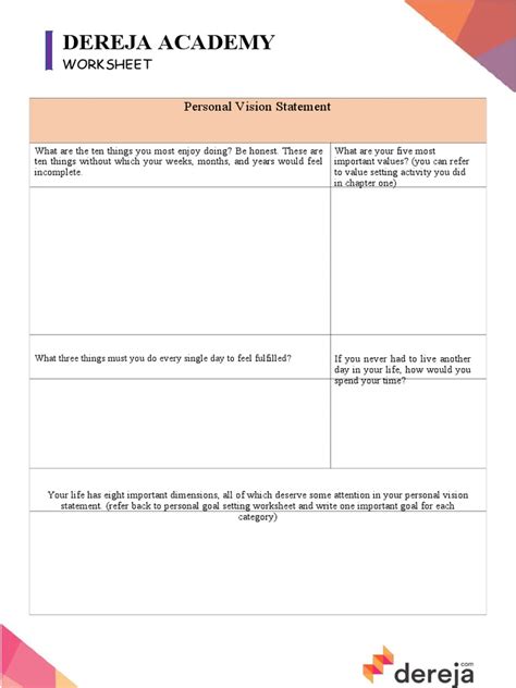 Dereja Academy: Worksheet Personal Vision Statement | PDF