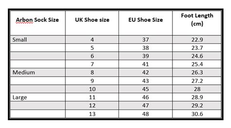 Sock Shoe Size Chart