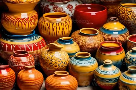 many colorful pottery vases are displayed in a display. AI-Generated ...