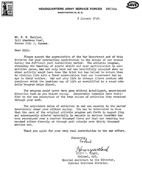 US Army letter of appreciation to Bill Hargiss 1945