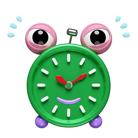 cartoon character green alarm clock wake-up time morning isolated. concept 3d illustration or 3d ...