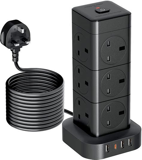 Buy Hulker5M Tower Extension Lead with USB, Vertical Power Strip 12 Way 4 USB Slots (1 Type C ...