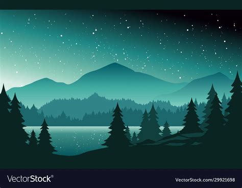Mountains and lake at night landscape flat vector illustration. Nature scenery with fir trees ...