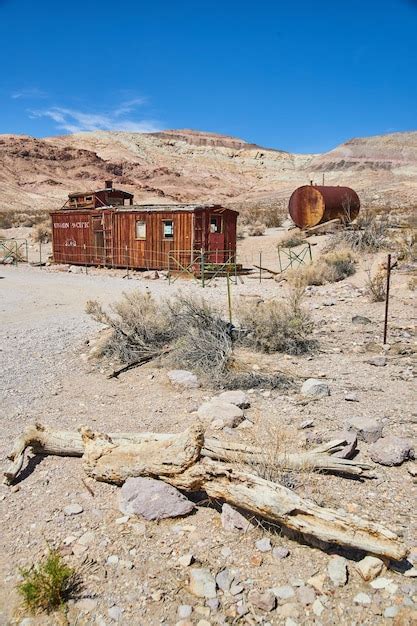 Union pacific wooden train cart abandoned in sandy desert - Stock Image ...