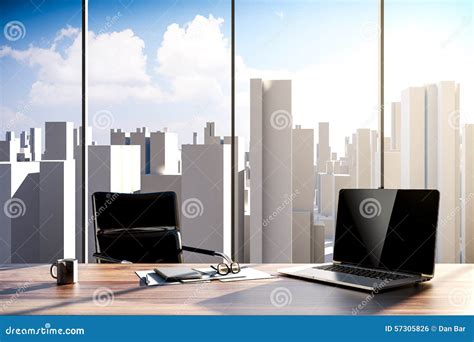 3d Office Workplace with Skyline in the Background Stock Illustration ...