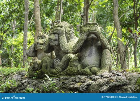 Denpasar, Indonesia - January 8, 2020: Three Monkeys Statue in Sacred ...