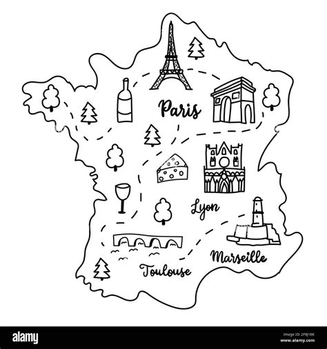 the outline map of france with all its major cities and their main attractions - stock image