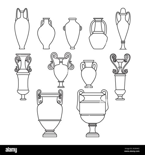 Outline set sketch of ceramic vases. Tall ancient Greek, Roman jar with two handles and a narrow ...