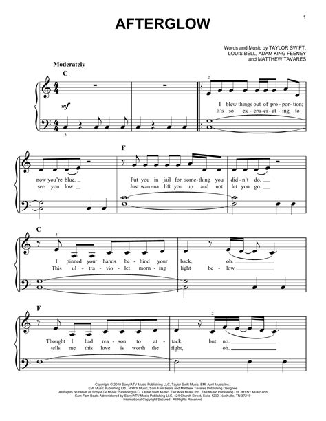 Afterglow by Taylor Swift Sheet Music for Easy Piano at Sheet Music Direct