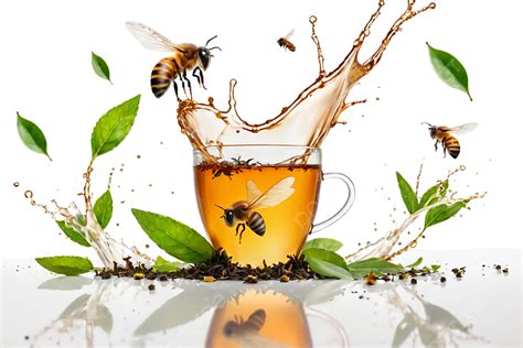 Splash Tea With Bee Fly And Leaves On A Plain White Background, Splash ...