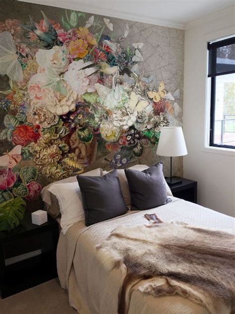 Small bedroom design featuring a dramatic still life of flowers wall ...