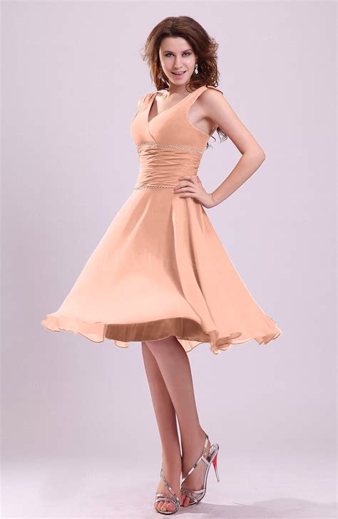 Peach Cute A-line Sleeveless Chiffon Knee Length Ruching Bridesmaid ...