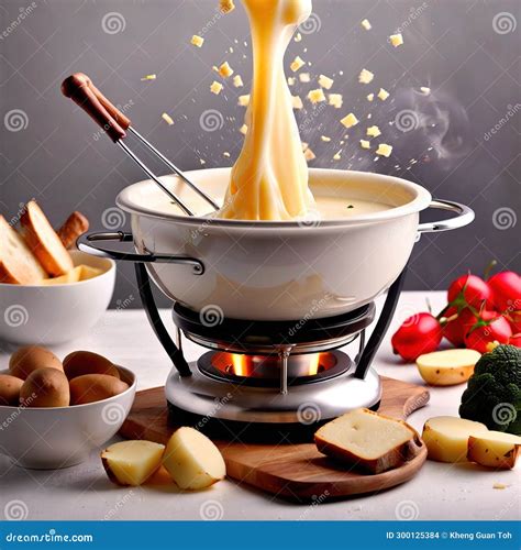 Traditional Swiss Dish of Melted Cheese Fondue, Dipped with Bread and Potatoes, Dynamic Food ...