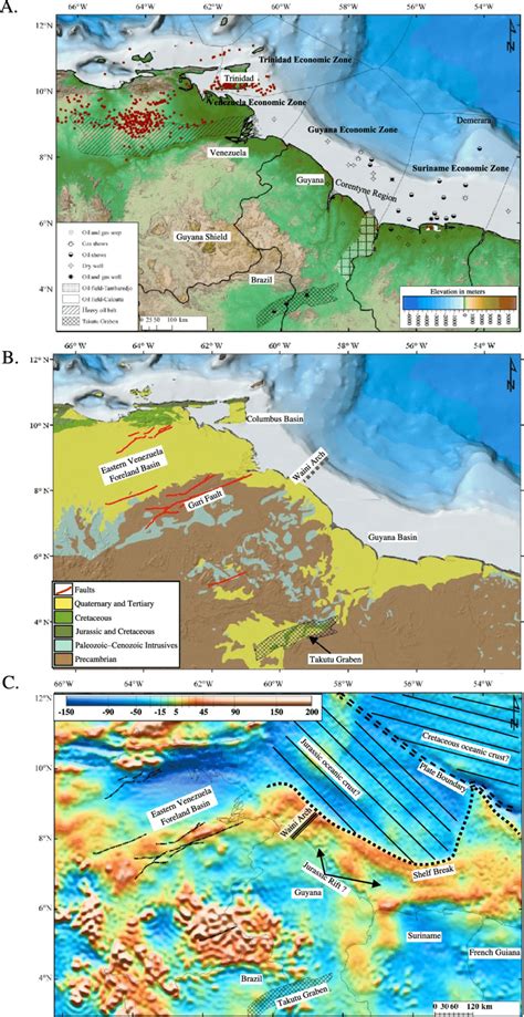 (A) Location of the Guyana Basin showing wells with oil and gas shows,... | Download Scientific ...