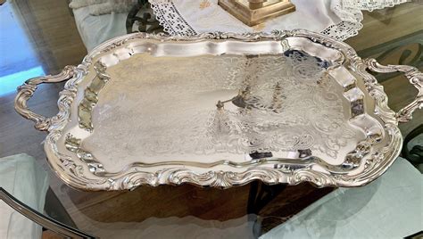 Silver Butlers Tray, Vintage Footed Silver Plate Serving Tray, Large Chased Silver Barware Tray ...