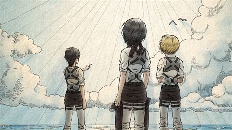 Attack On Titan Back View Armin Arlert Eren Yeager Mikasa Ackerman Standing On Beach With ...