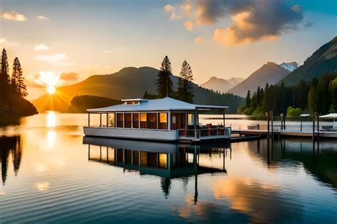 Premium Photo | A boathouse sits on a lake with the sun setting behind it.