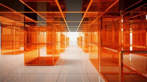 An Orange Hallway with Many Glass Shelves in it Stock Illustration - Illustration of business ...