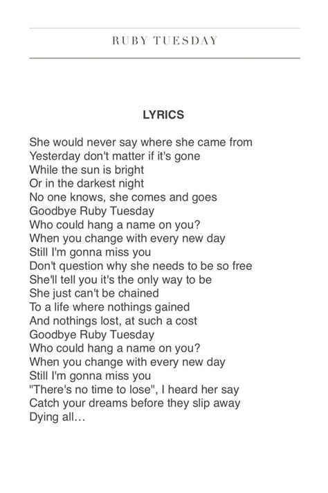 Rolling Stones - Ruby Tuesday | Rolling stones lyrics, Goodbye ruby tuesday, Ruby tuesdays