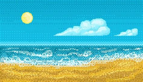 Pixel art seascape with the shore of the ocean.