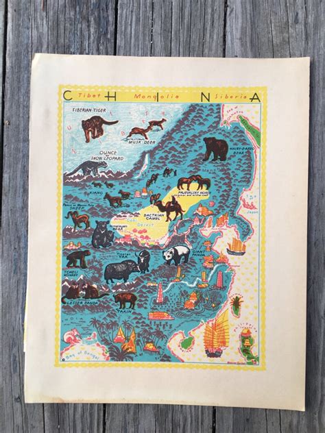 Vintage Map of China Animals Animal Map Book Page China Map - Etsy