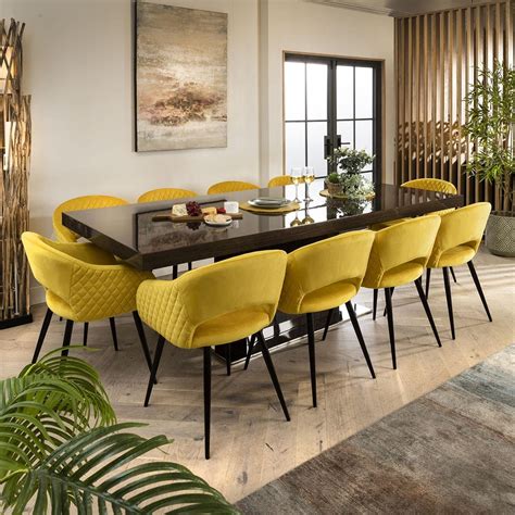 Modern 10 Seater Dining Table Chairs Set Gloss Oak Yellow Velvet 240cm – Quatropi