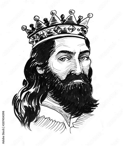 Ink black and white drawing of a king in crown Stock Illustration ...