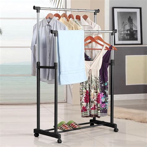 Portable Double Rail Collapsible Adjustable Clothes Rolling Garment ...