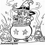 A Witch Mixing Magical Potions In Her Cauldron Halloween Coloring Page  sketch template