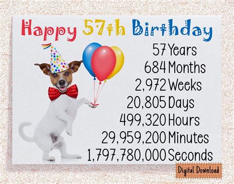 Printable Cute 57th Birthday Card, Birthday Card for 57th Birthday ...