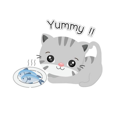 cute cat is eating fish in the dish cartoon illustration. 7645882 ...