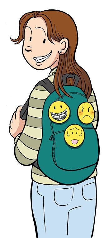 a woman carrying a backpack with smiley faces on it