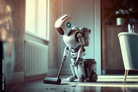 Humanoid robot with a vacuum cleaner doing domestic housework, showing science and artificial ...